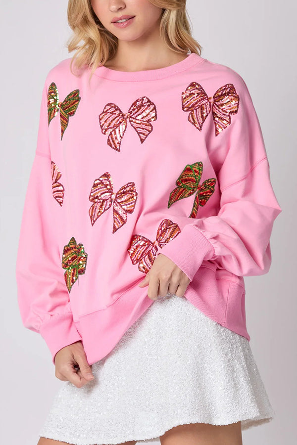 Christmas Bow Sequin Loose Casual Long-Sleeve Sweatshirt
