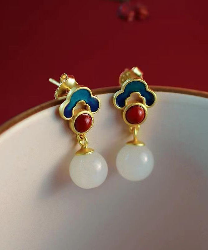 White Sterling Silver Overgild Jade Agate Enamel Auspicious Cloud Drop Earrings