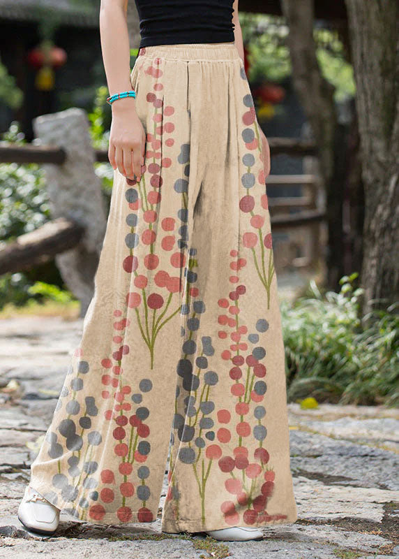 Summer New Elastic Waist Apricot Flowers Loose Wide Leg Pants