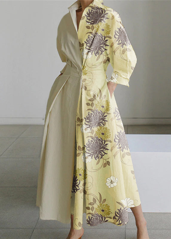 Apricot Flowers Peter Pan Collar Pockets Cotton Dress Long Sleeve