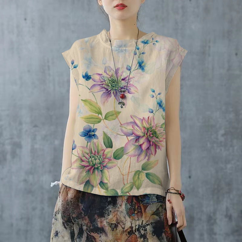 White Drawstring Turtle Neck Linen Tank Short Sleeve