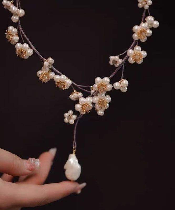 Purple Weaving Pearl Tassel Lariat Necklace