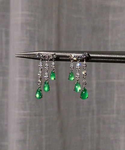 Green Sterling Silver Chalcedony Water Drop Tassel Drop Earrings