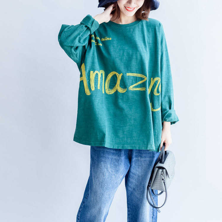 Fine Cotton T Shirt Green Alphabet Embroidery Pullover Batwing Sleeve Tops