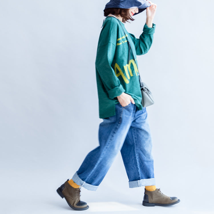 Fine Cotton T Shirt Green Alphabet Embroidery Pullover Batwing Sleeve Tops
