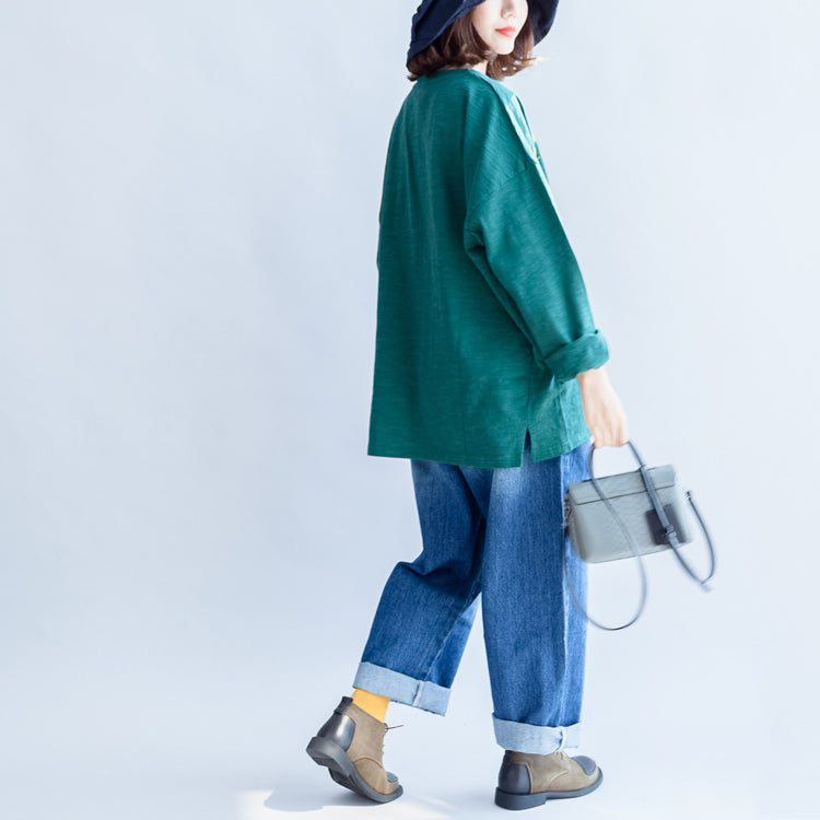 Fine Cotton T Shirt Green Alphabet Embroidery Pullover Batwing Sleeve Tops