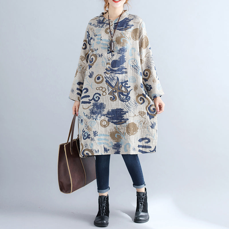 Pure Cotton Dress Dress Stand Collar Long Sleeve Cotton Dress