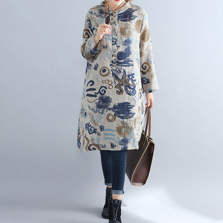 Pure Cotton Dress Dress Stand Collar Long Sleeve Cotton Dress