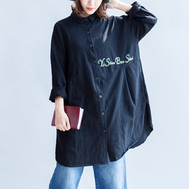 Front Alphabet Embroidery Black Cotton Tops Long Sleeve Mid Long Shirts