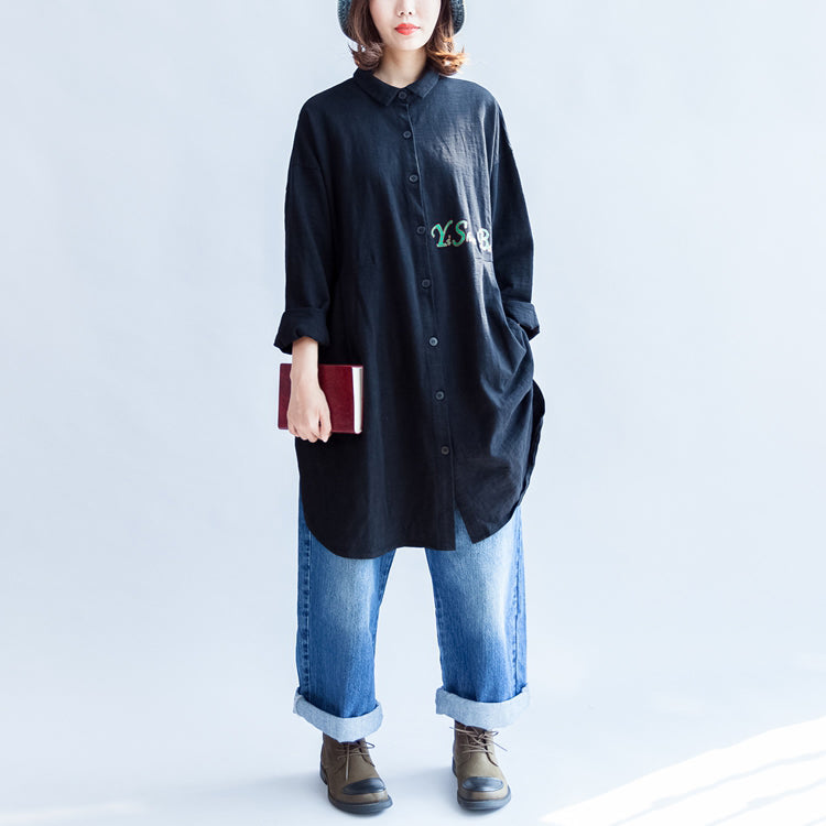 Front Alphabet Embroidery Black Cotton Tops Long Sleeve Mid Long Shirts