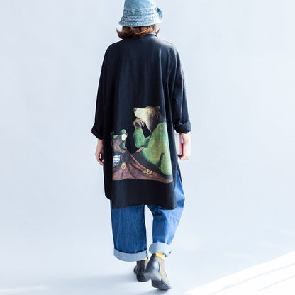 front alphabet embroidery black cotton  tops plus size long sleeve mid long shirts