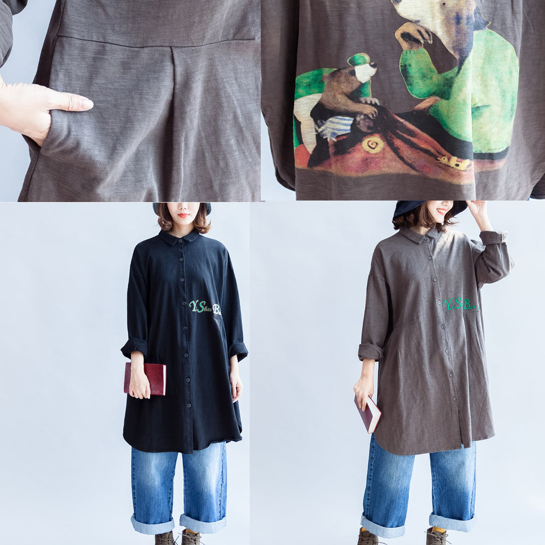 front alphabet embroidery black cotton  tops plus size long sleeve mid long shirts