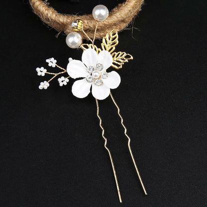 Golden Leaf Flower Pearl Chinese Hairpin Set - 4pcs Comb
