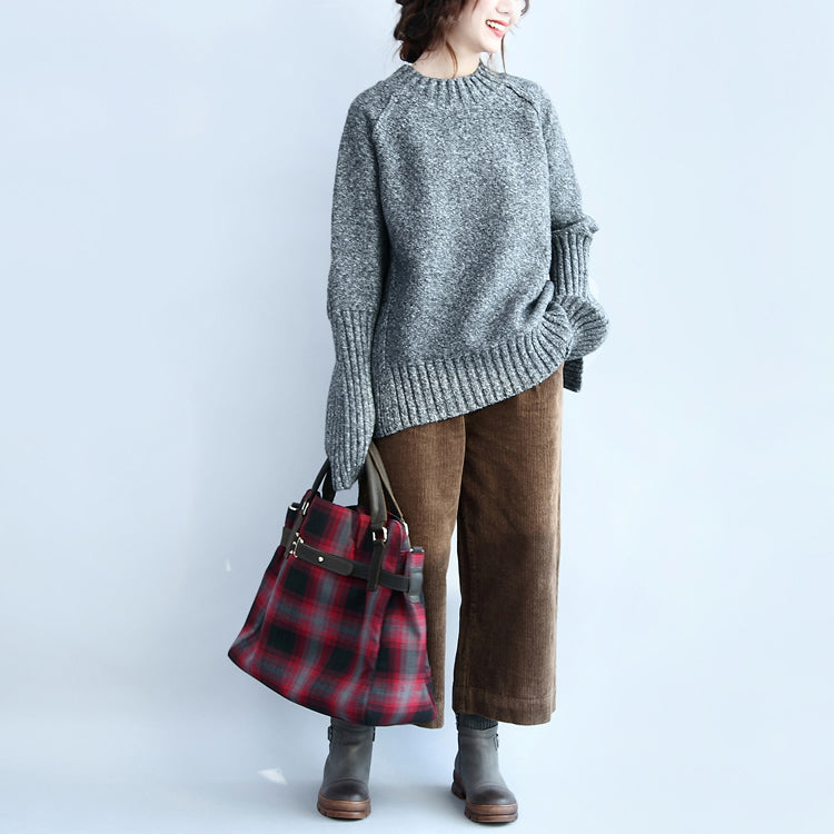 Gray Casaul Cotton Sweater Back Side Open Long Sleeve Knit Tops