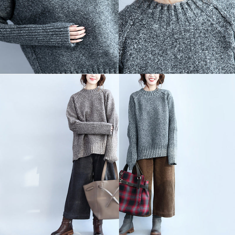 Gray Casaul Cotton Sweater Back Side Open Long Sleeve Knit Tops