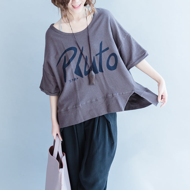 Gray Alphabet Prints Cotton Tops Short Sleeve Wild T Shirt