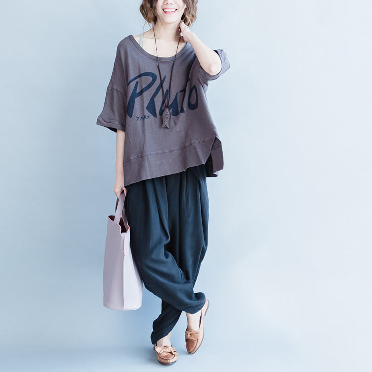 Gray Alphabet Prints Cotton Tops Short Sleeve Wild T Shirt