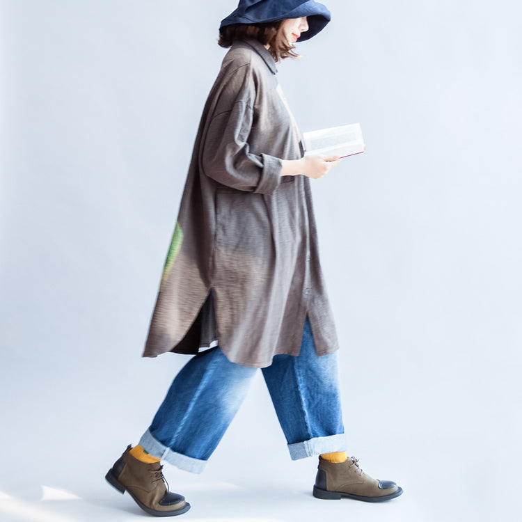 Gray Autumn Back Print Cotton Shirts Oversize Front Embroidery Alphabet Lapel Blouse