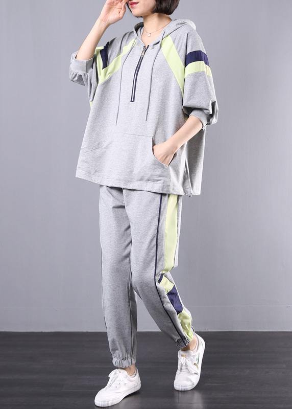 Gray Cotton Two Pieces Hooded Top and Elastic Waist Pants