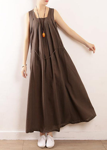 Gray Cotton Clothes for Runway Sleeveless Drawstring Maxi Summer Dresses