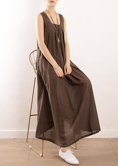 Gray Cotton Clothes for Runway Sleeveless Drawstring Maxi Summer Dresses