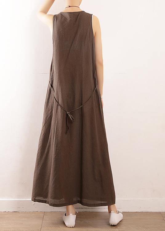 Gray Cotton Clothes for Runway Sleeveless Drawstring Maxi Summer Dresses