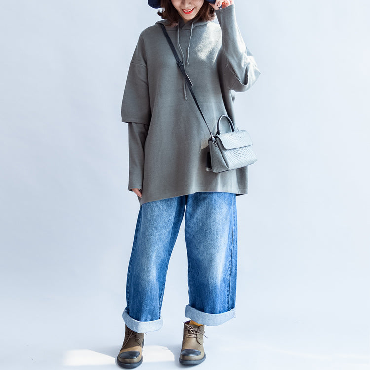 Gray Green Hooded Woolen Blended Outwear Oversize Print Knit Coats