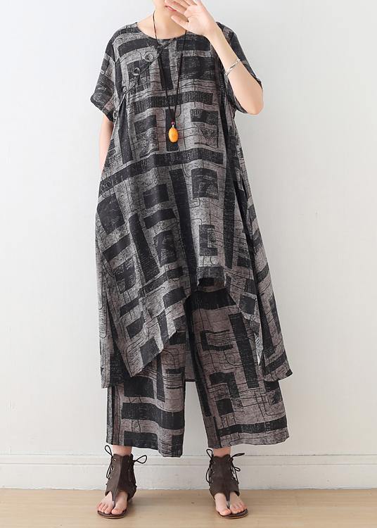 Gray Prints Chiffon Two Pieces Side Open Tops and Elastic Waist Wide Leg Pants