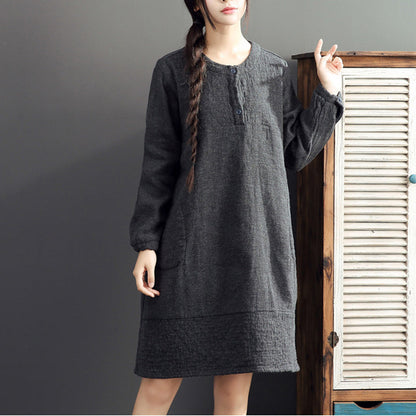 Gray Warm Cotton Linen Dresses Long Sleeve Mid Dress