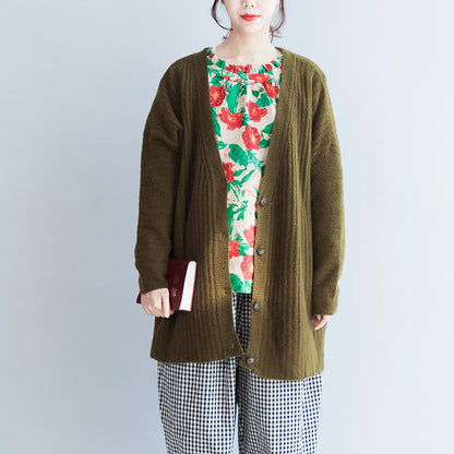 Green Striped Knit Blouse Long Sleeve Sweaters Cardigans Warm Fall