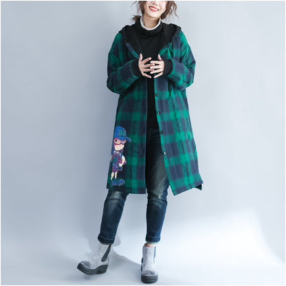 Green Grid Cartoon Prints Cotton Coats Oversize Hooded Warm Long Sleeve Long Outwear