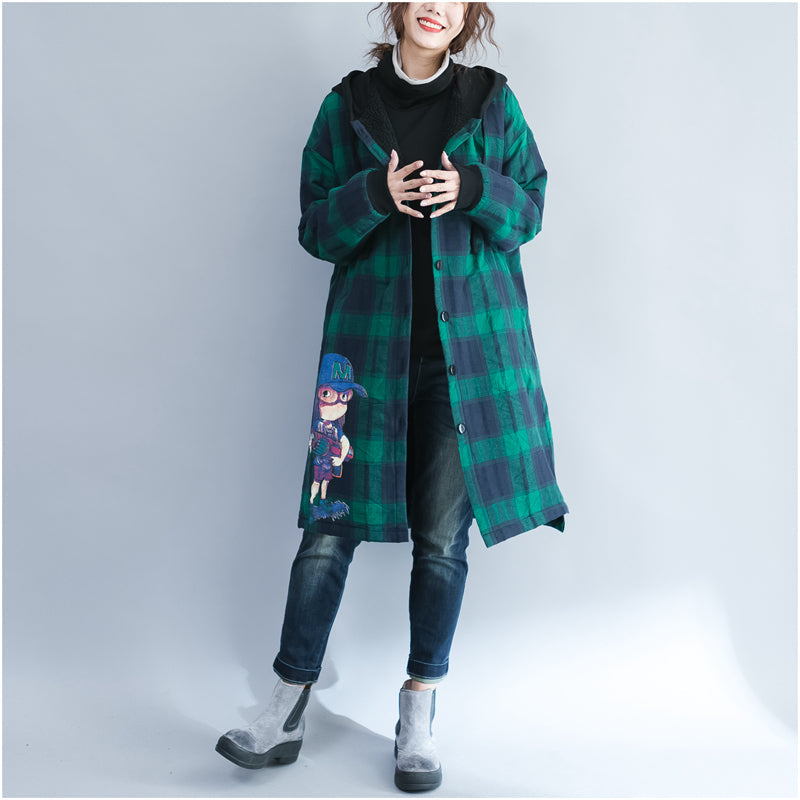 Green Grid Cartoon Prints Cotton Coats Oversize Hooded Warm Long Sleeve Long Outwear