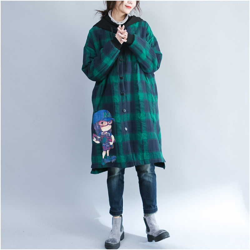 Green Grid Cartoon Prints Cotton Coats Oversize Hooded Warm Long Sleeve Long Outwear