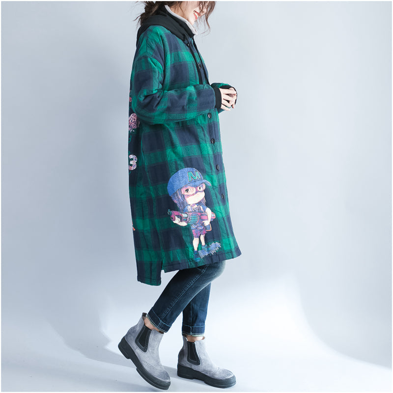 Green Grid Cartoon Prints Cotton Coats Oversize Hooded Warm Long Sleeve Long Outwear