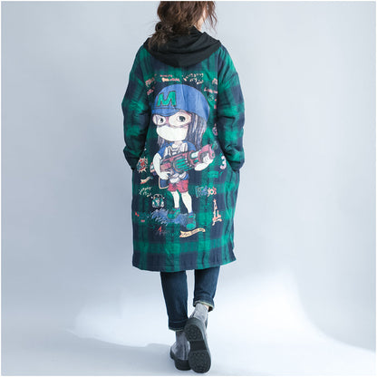 Green Grid Cartoon Prints Cotton Coats Oversize Hooded Warm Long Sleeve Long Outwear