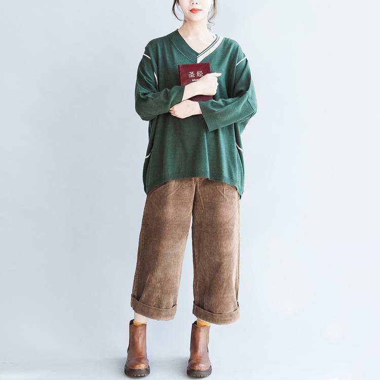 Green Patchwork Color Cotton Knit Tops Oversize Batwing Sleeve Sweater