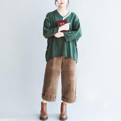Green Patchwork Color Cotton Knit Tops Oversize Batwing Sleeve Sweater