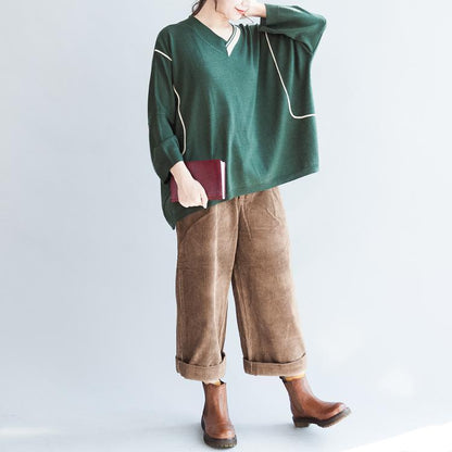 Green Patchwork Color Cotton Knit Tops Oversize Batwing Sleeve Sweater
