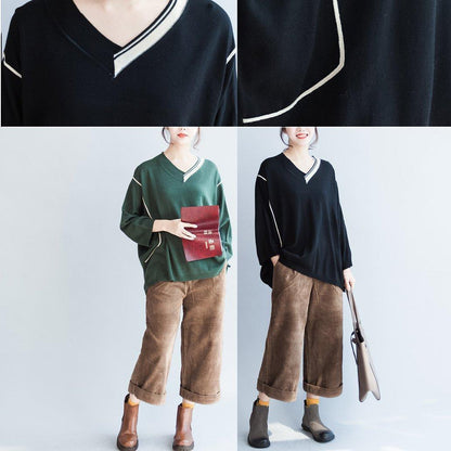 Green Patchwork Color Cotton Knit Tops Oversize Batwing Sleeve Sweater