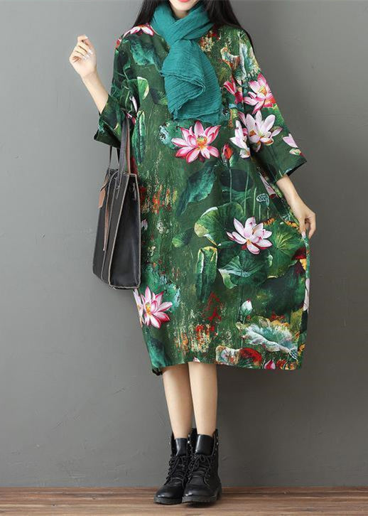 Green Prints Linen Maxi Dress Traveling Dress Bracelet Sleeve Gown