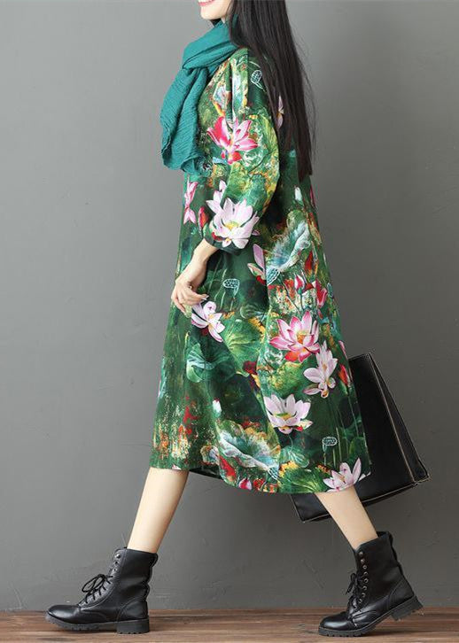 Green Prints Linen Maxi Dress Traveling Dress Bracelet Sleeve Gown