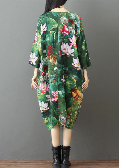 Green Prints Linen Maxi Dress Traveling Dress Bracelet Sleeve Gown