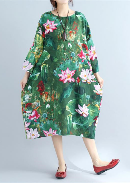 Green Prints Linen Shift Dresses Loose Fitting Holiday Wild Long Sleeve Linen Clothing Dresses