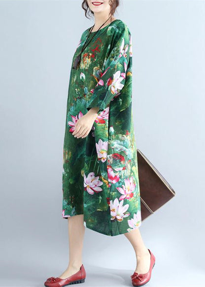 Green Prints Linen Shift Dresses Loose Fitting Holiday Wild Long Sleeve Linen Clothing Dresses