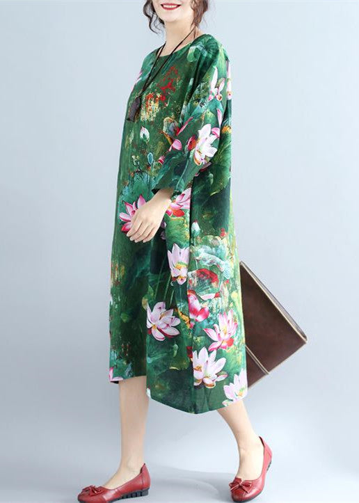 Green Prints Linen Shift Dresses Loose Fitting Holiday Wild Long Sleeve Linen Clothing Dresses