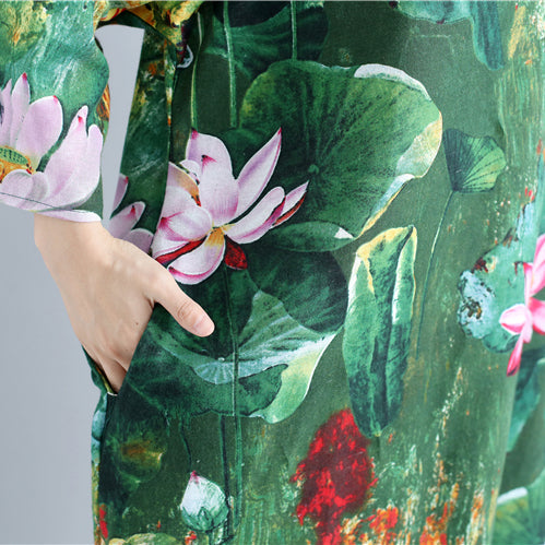 Green Prints Linen Shift Dresses Loose Fitting Holiday Wild Long Sleeve Linen Clothing Dresses