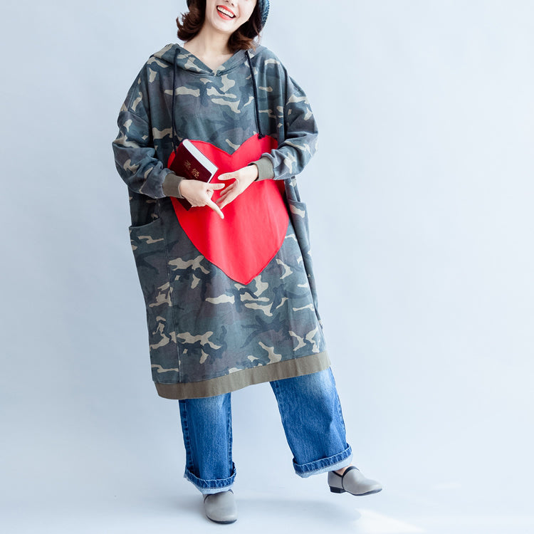 Green Ruffles Autumn Cotton Dresses Big Loving Heart Hooded Prints Mid Long Dress