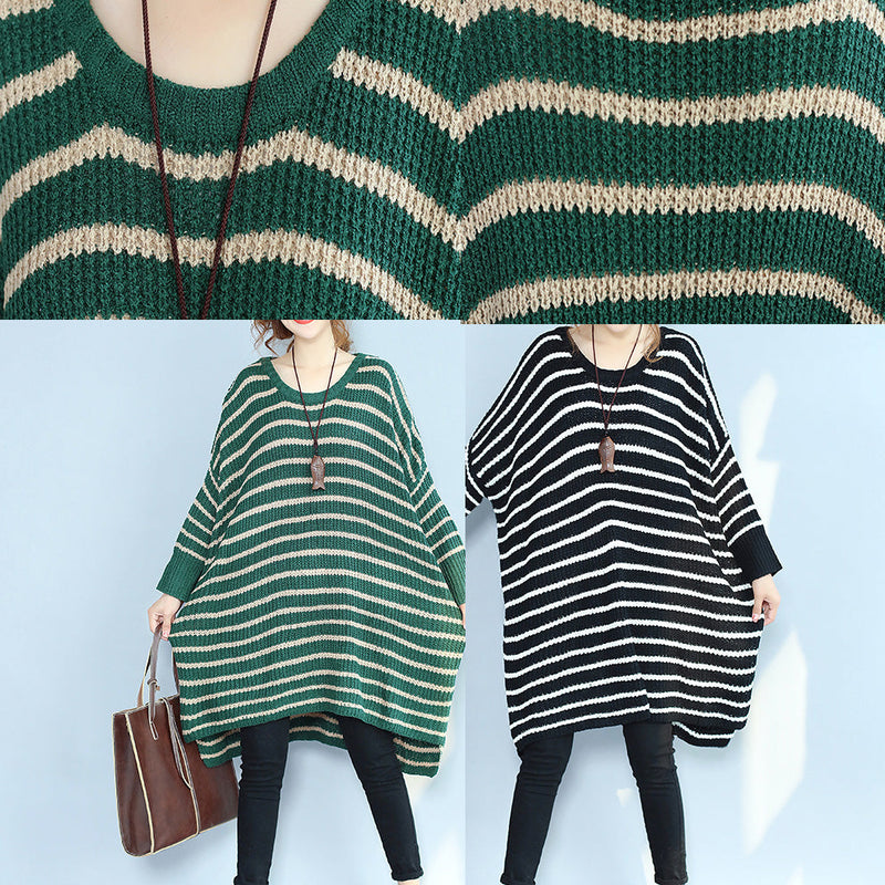Green Striped Autumn Winter Woolen Blended Knit Dresses Baggy Loose Batwing Sleeve Sweater Dress