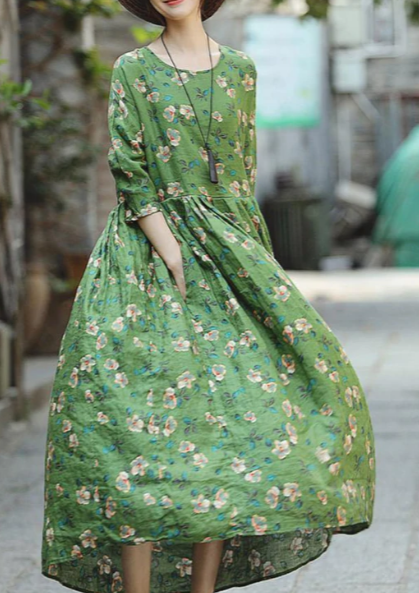 Green Print Natural Linen Dress Loose Fitting O Neck Linen Clothing Dresses Three Quarter Sleeve Baggy Dresses