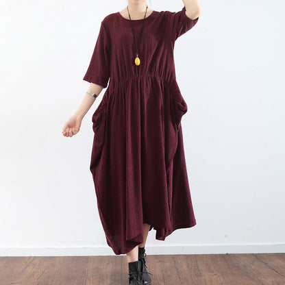 Half Sleeve Burgundy Baggy Dress Pleated Silk Dresses Long Silk Maxi Dress Tunic Gown